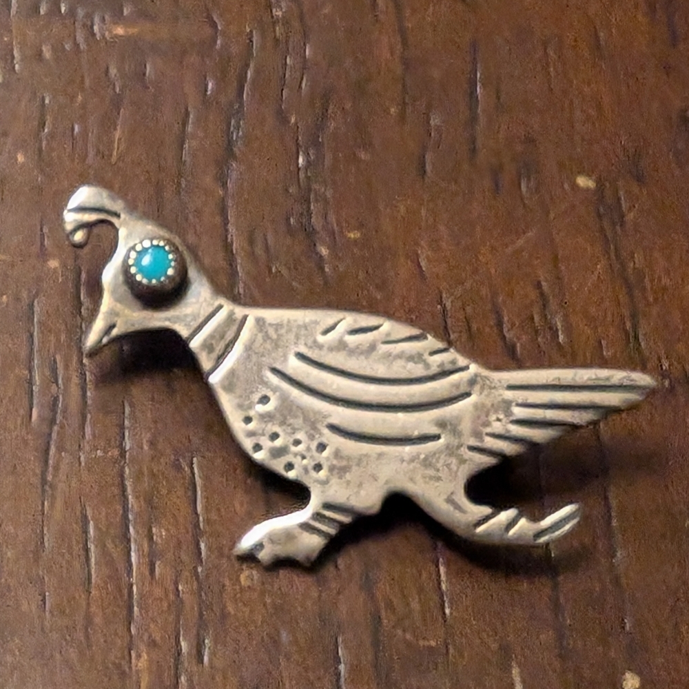 Sterling Silver Roadrunner Brooch with Turquoise Accent